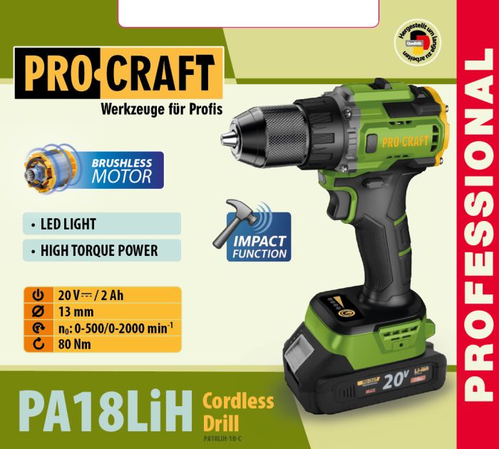Шуруповерт Procraft PA18LiH з ударом (1 акб і зп)