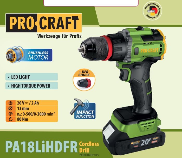 Шуруповерт Procraft PA18LiH DFR з ударом (1 акб і зп)