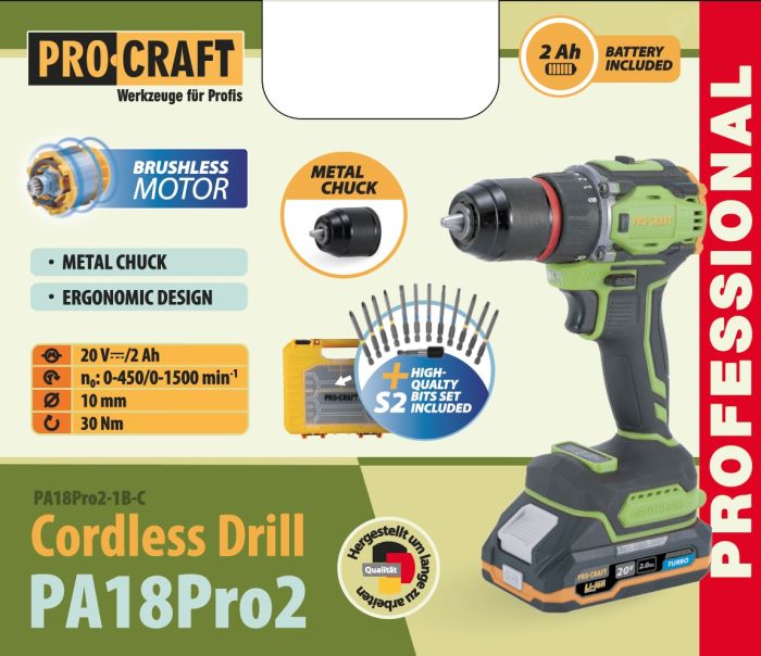 Шуруповерт Procraft PA18Pro2 (з 1 АКБ 2Аг) набір біт
