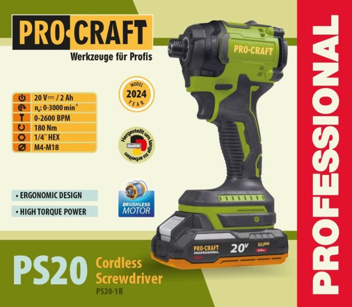 Акумуляторний гвинтоверт Procraft PS20 (1акб 2Аг)